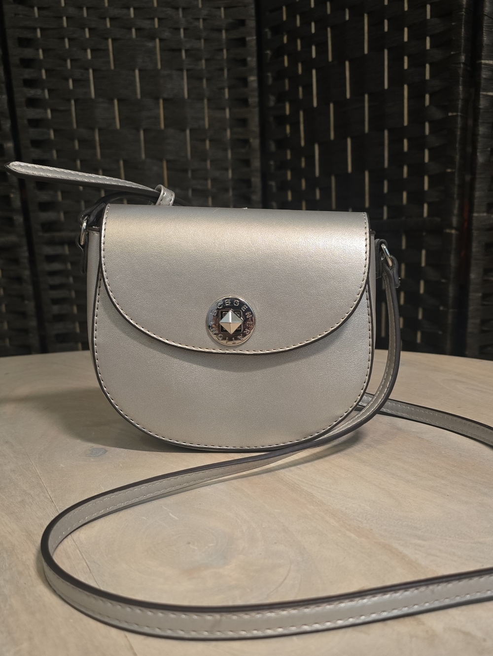 BCBGeneration Amelia Silver Saddle Crossbody Purse Bag